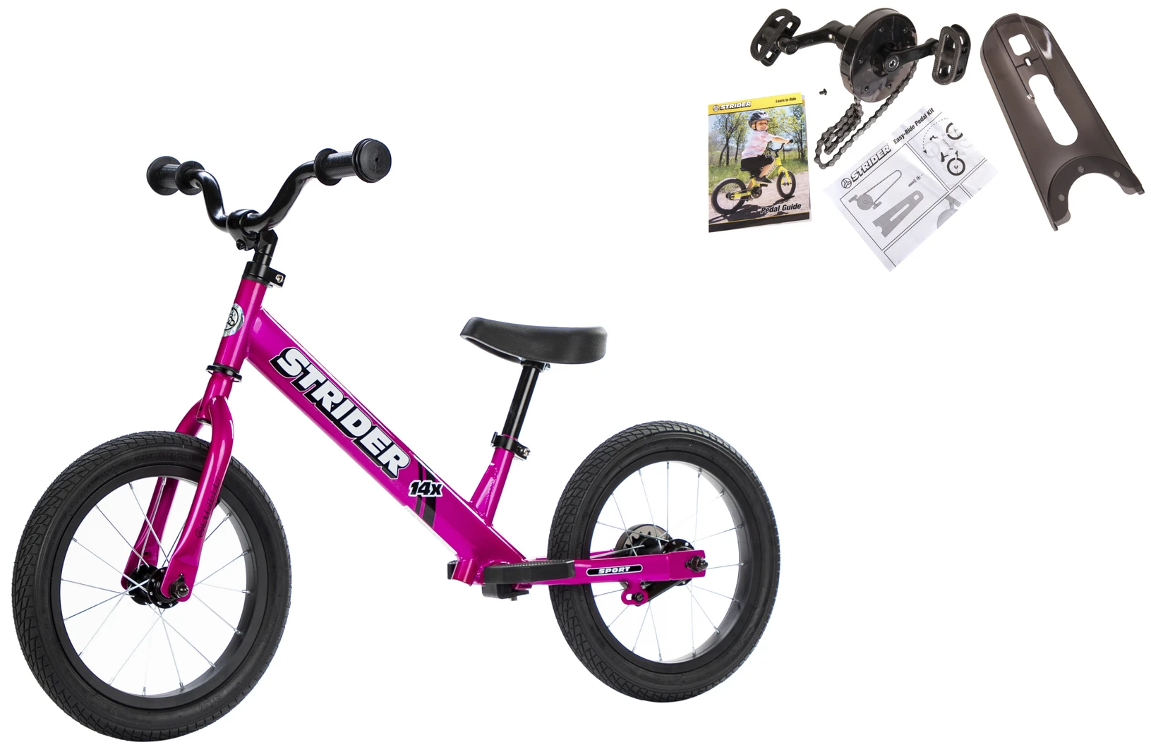 Pink Strider 14x balance bike pictured beside a separate pedal kit and instructions