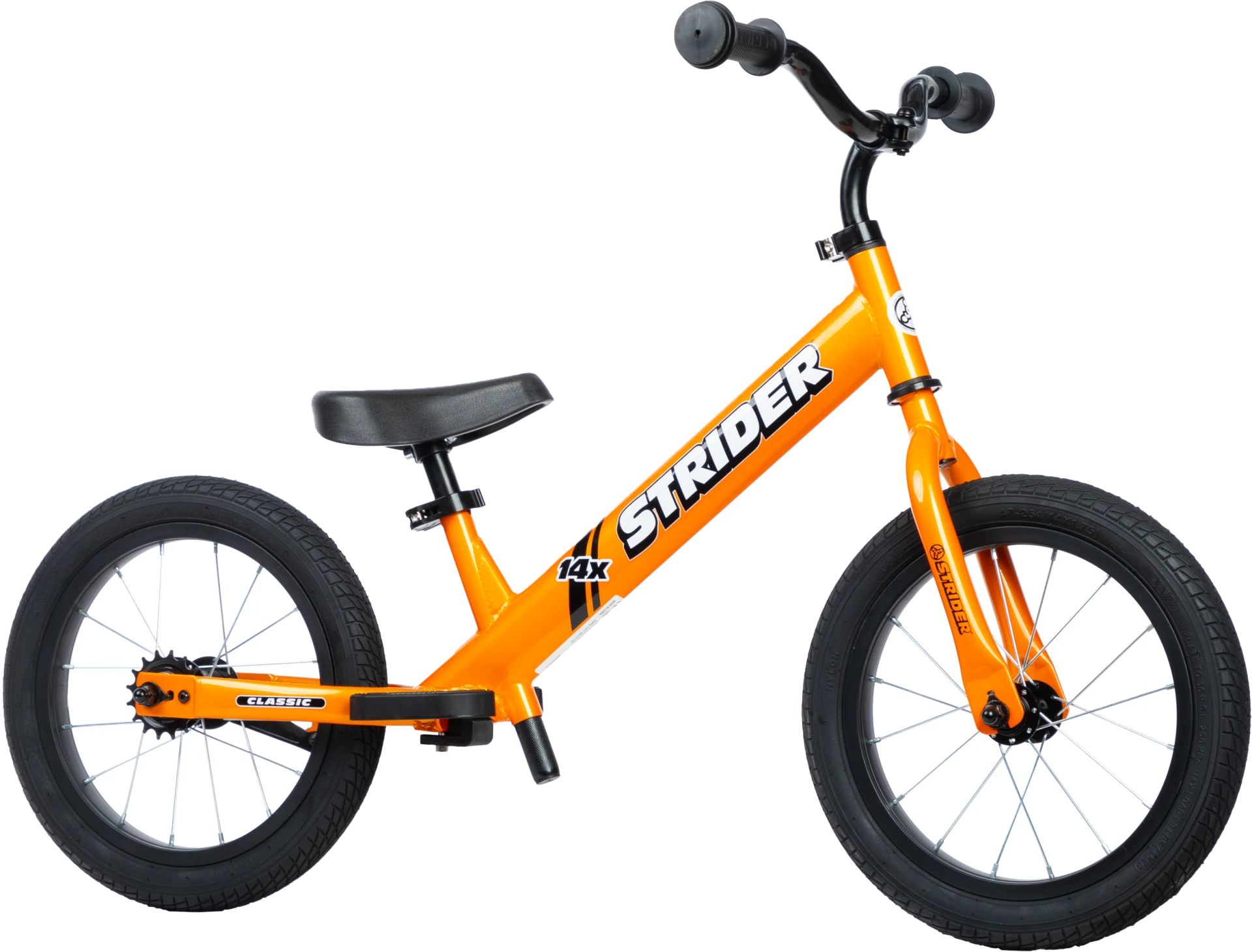 Strider 14x balance bike in tangerine, side view without pedals