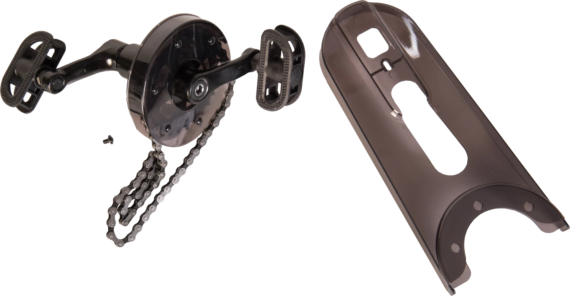 Strider 14x Easy-Ride Pedal Kit showing pedals, crank assembly, chain, and chain guard
