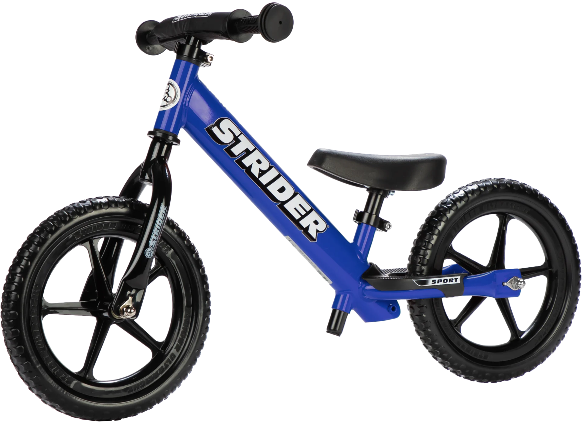 Strider 12 Sport balance bike in blue, angled view