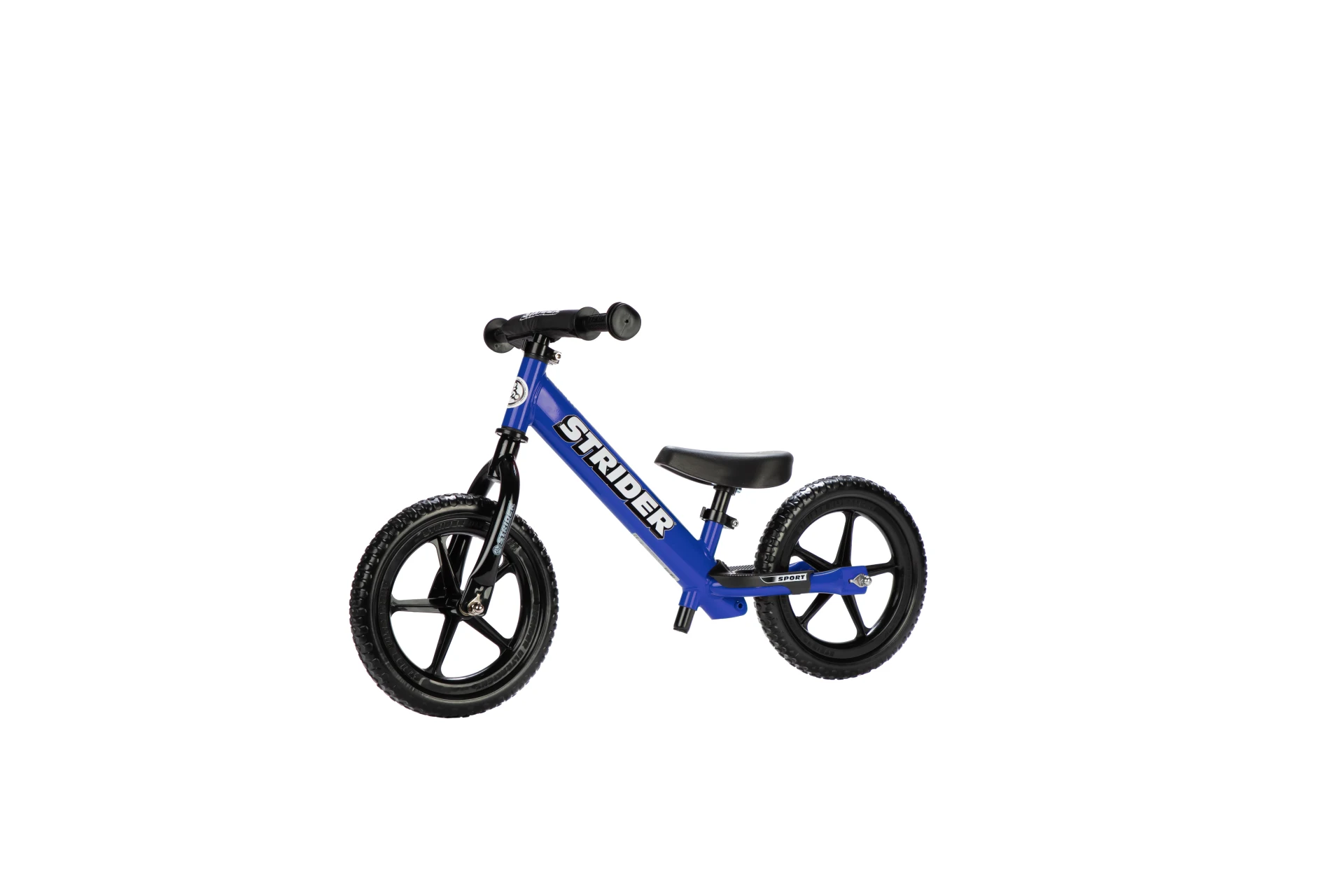 Strider 12 Sport balance bike in blue, front three-quarter view
