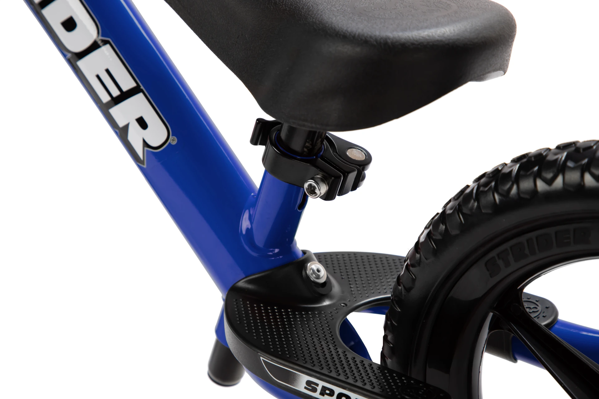 Close-up of the seatpost clamp and footrest on a blue Strider 12 Sport
