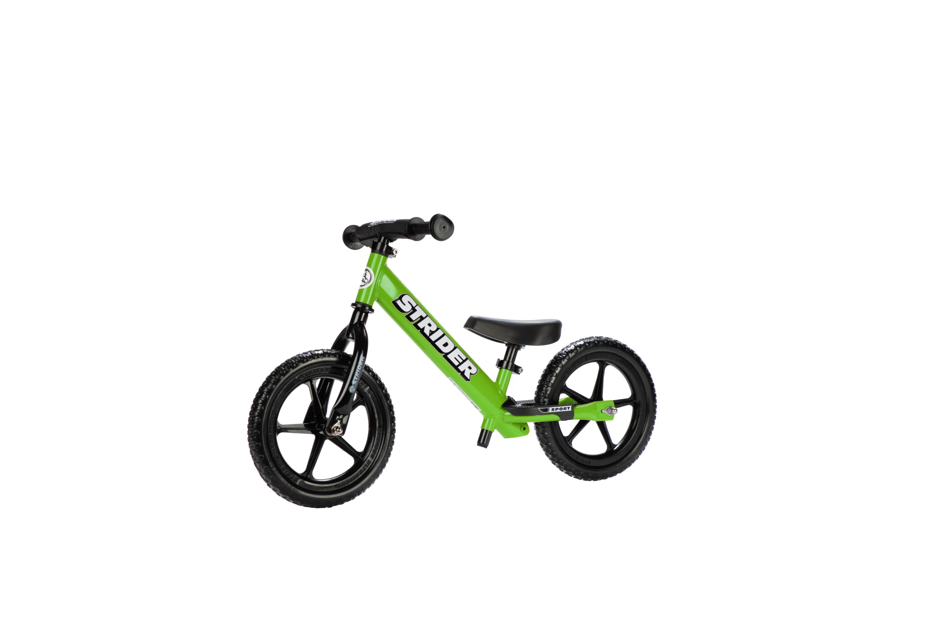 Strider 12 Sport balance bike in green, front three-quarter view