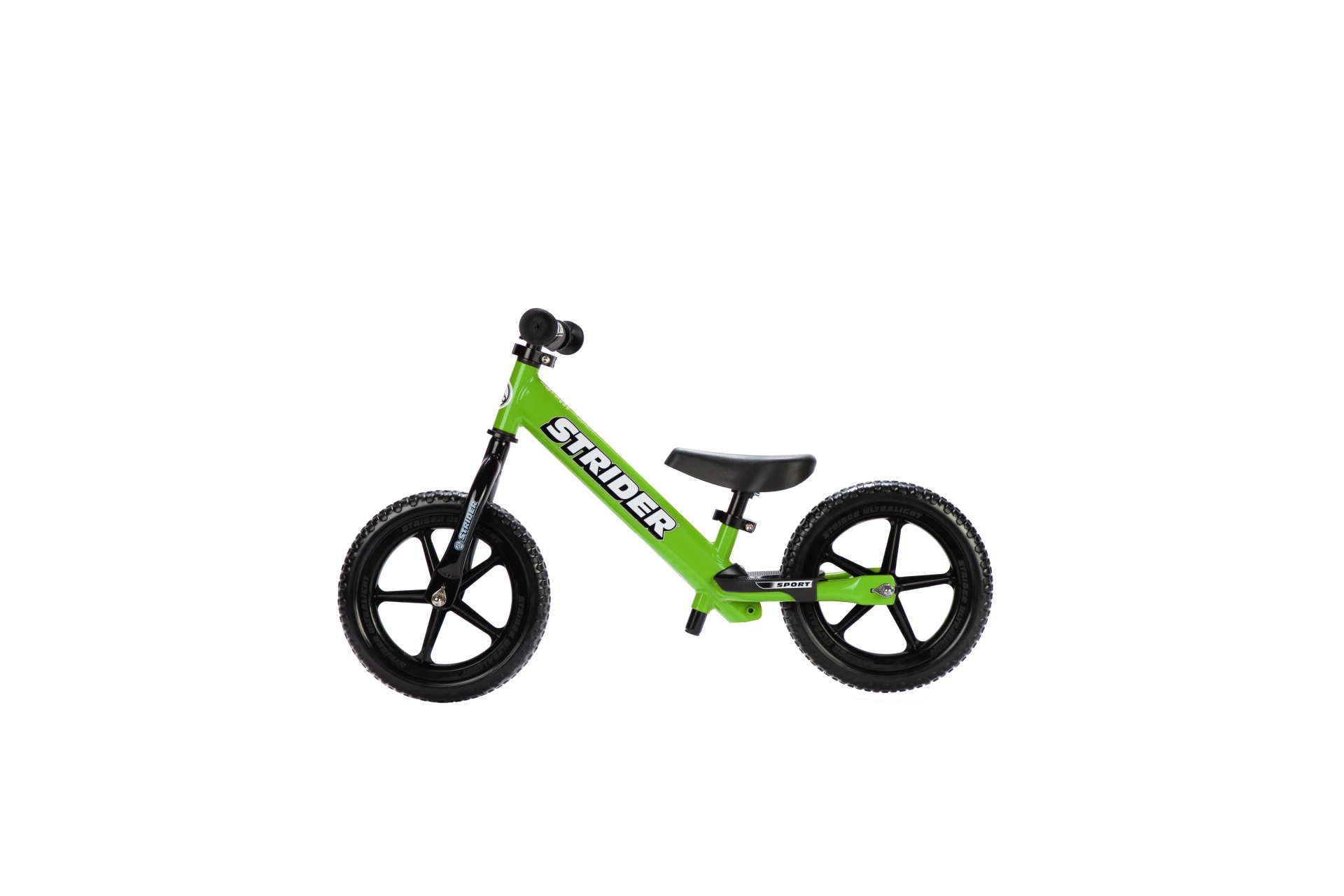 Strider 12 Sport balance bike in green, side view