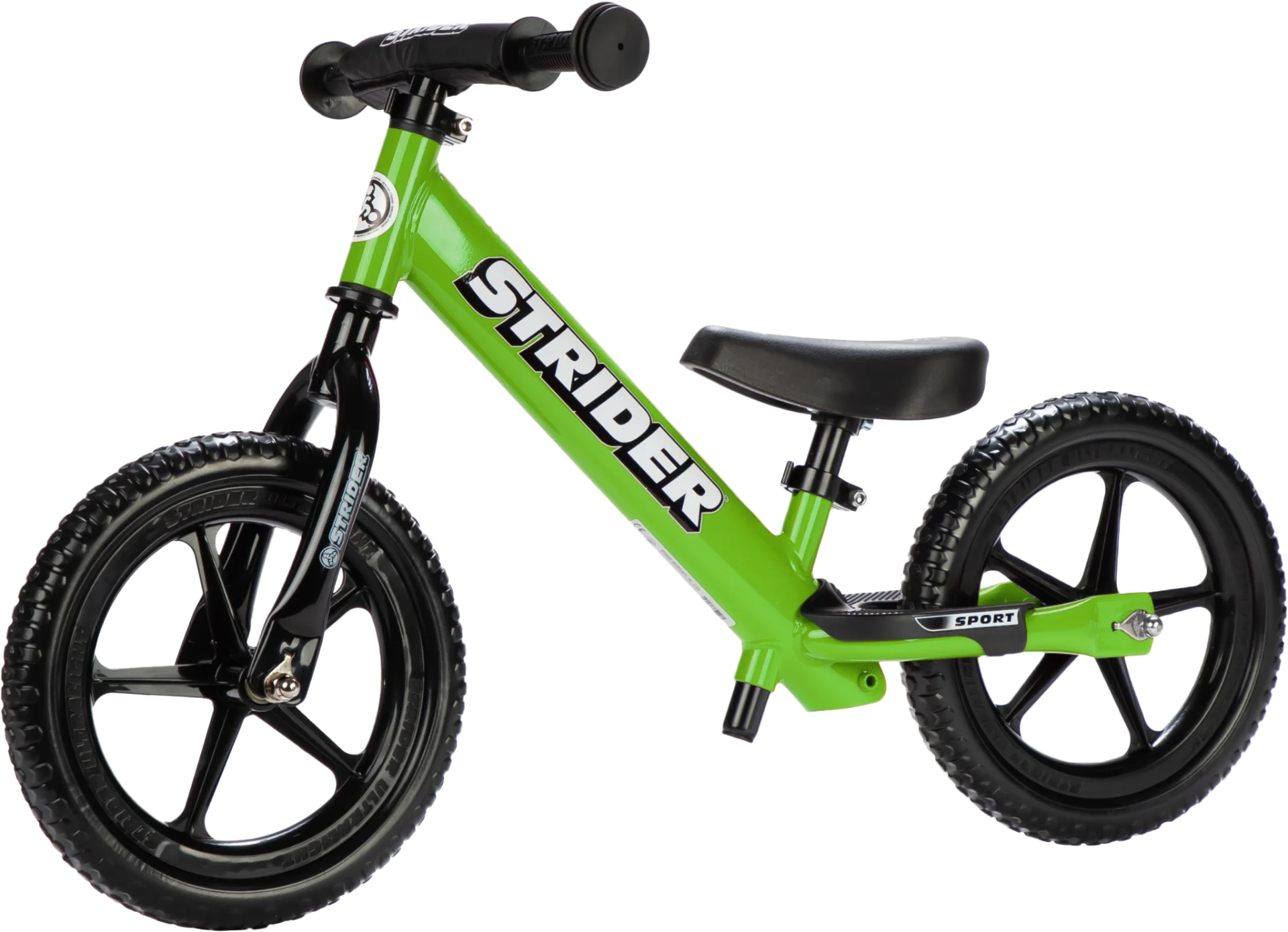Strider 12 Sport balance bike in green, angled view