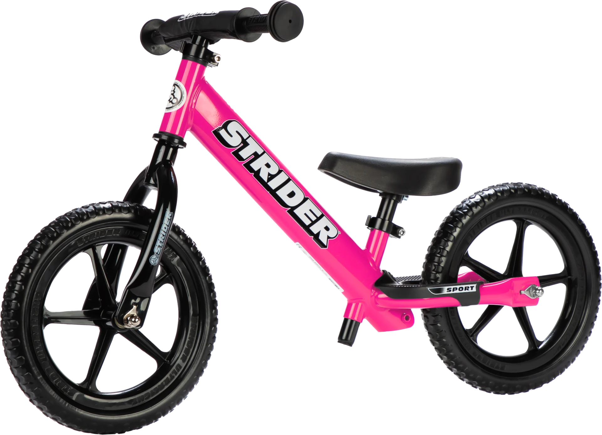 Strider 12 Sport balance bike in pink, angled view