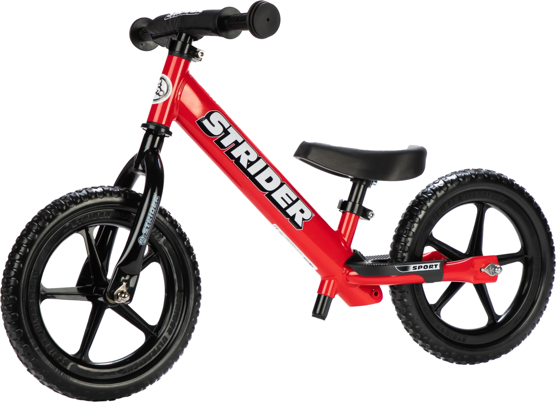 Strider 12 Sport balance bike in red, angled view