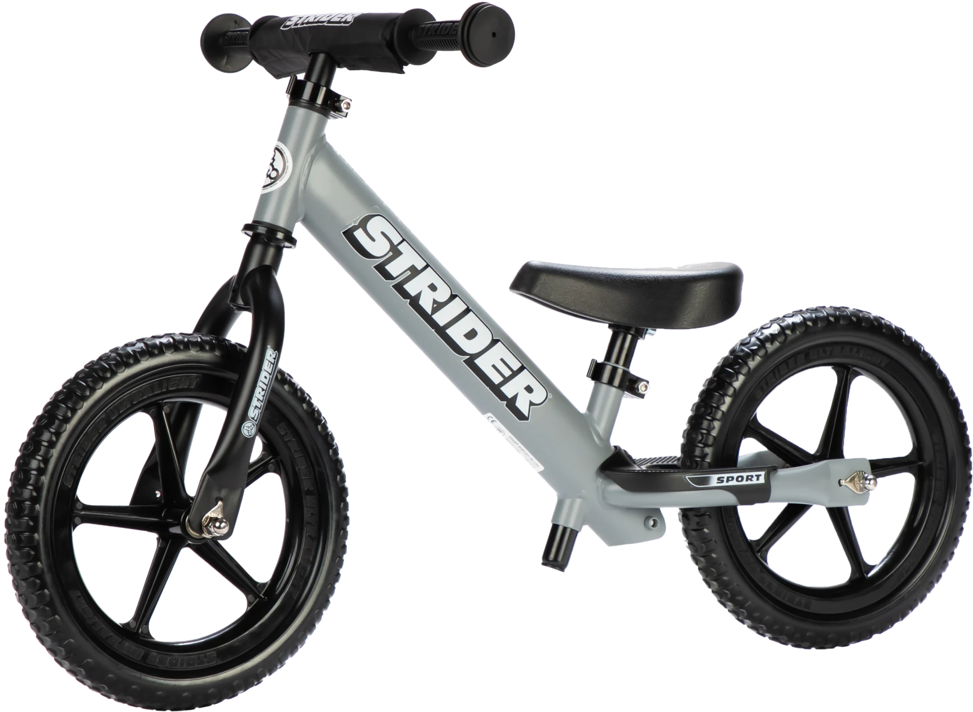 Strider 12 Sport balance bike in gray, angled view