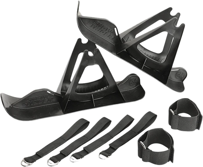 Strider 12 Snow Skis Set in black, showing two skis and attachment straps