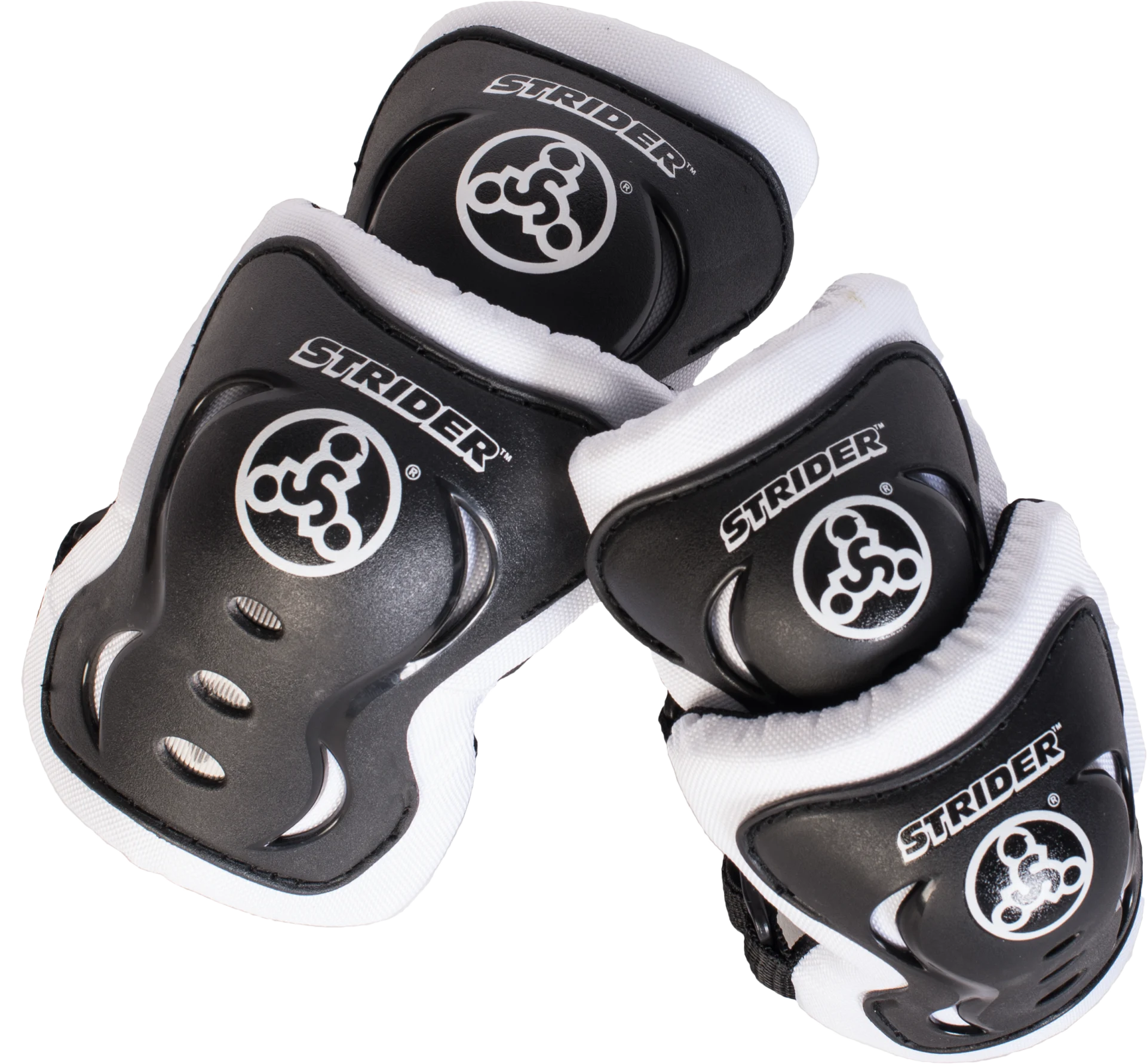 Strider Elbow and Knee Pads in black with light-colored edging, showing all four pads