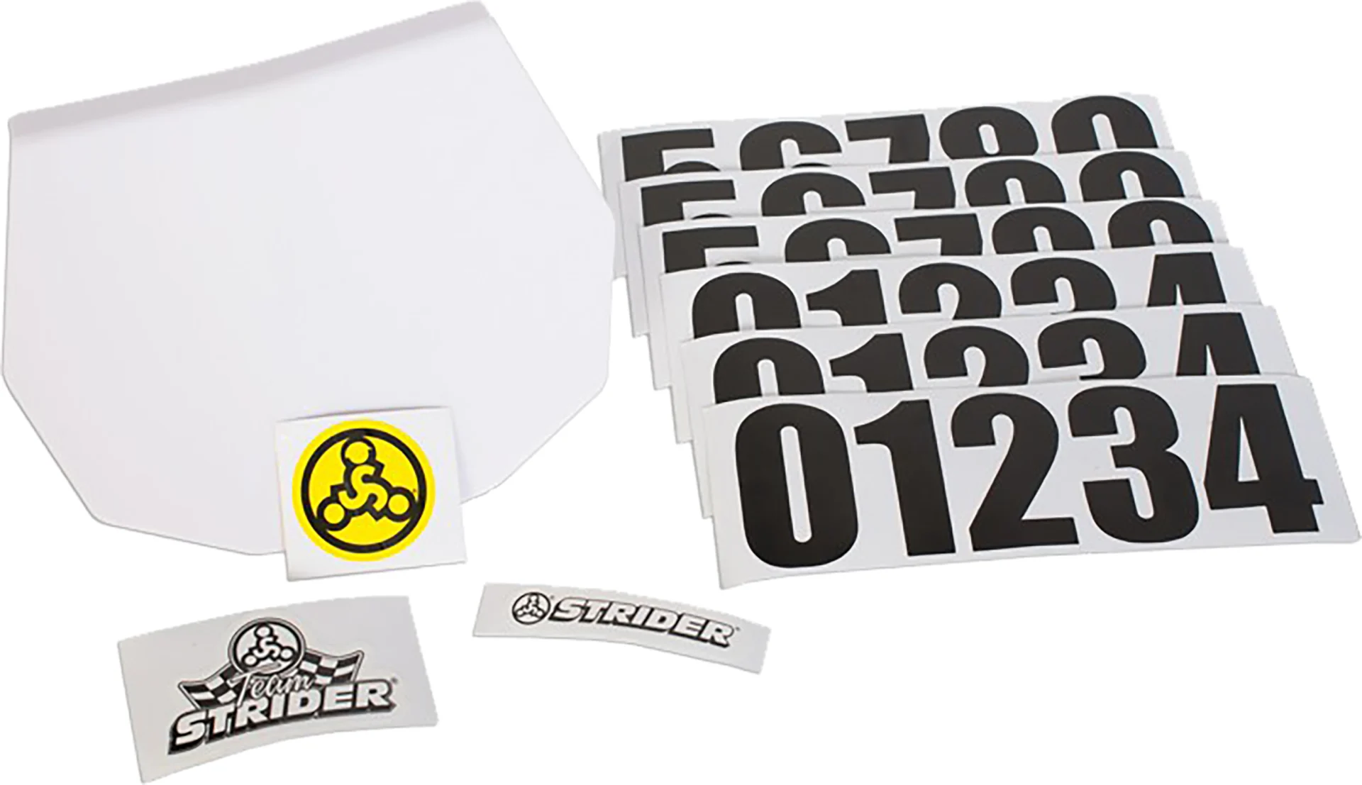 White Strider Number Plate pictured with number stickers and Strider decals