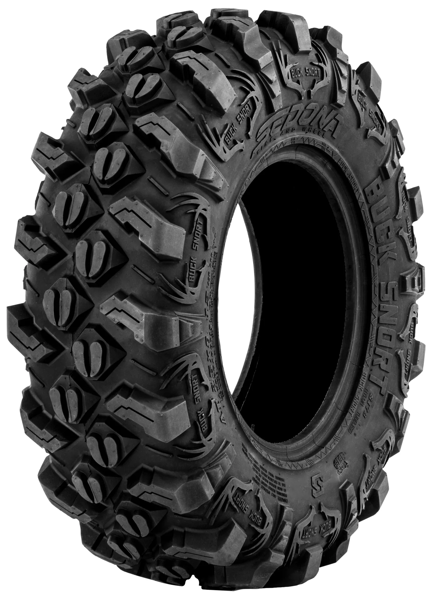Sedona Buck Snort 25x8-12 tire, angled view showing tread and sidewall