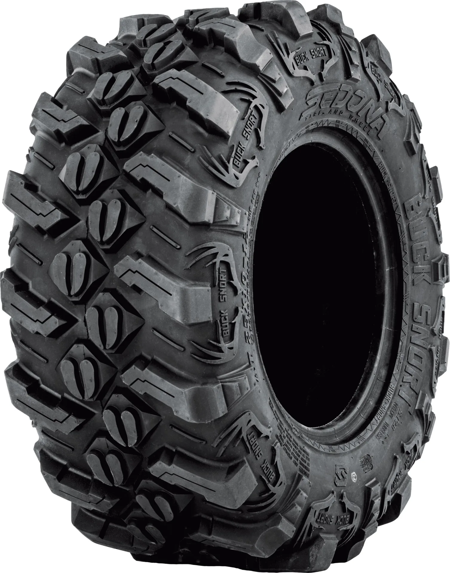 Sedona Buck Snort 27x11-14 tire, angled view showing tread and sidewall