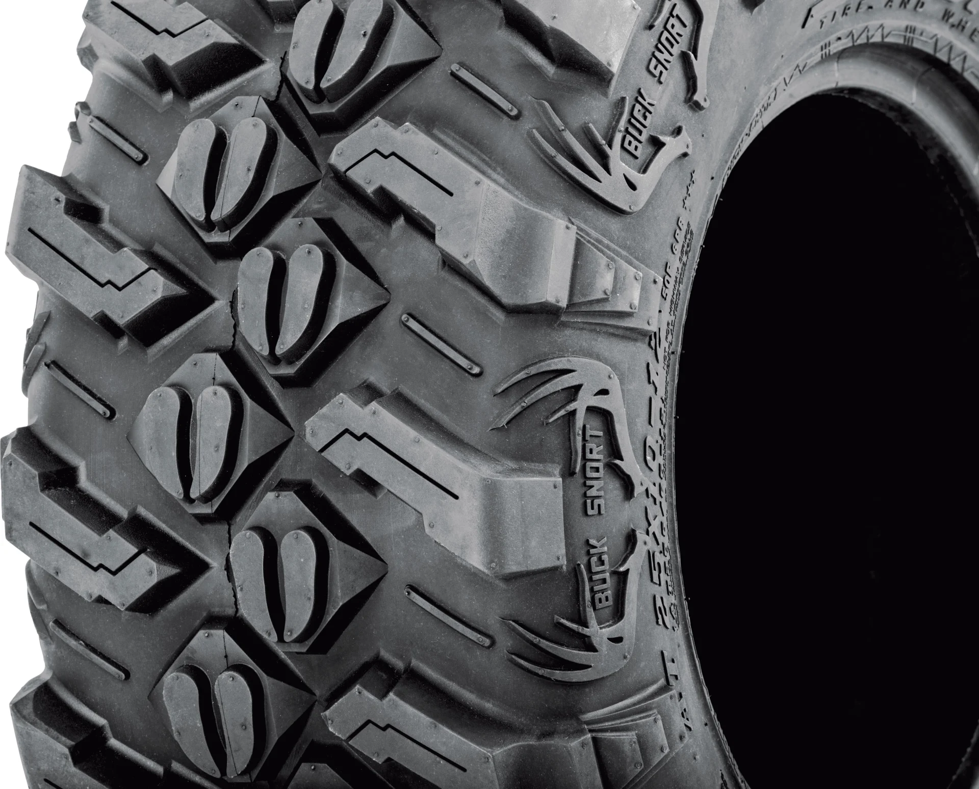 Sedona Buck Snort 27x11-14 tire, close-up of shoulder tread and antler sidewall detail