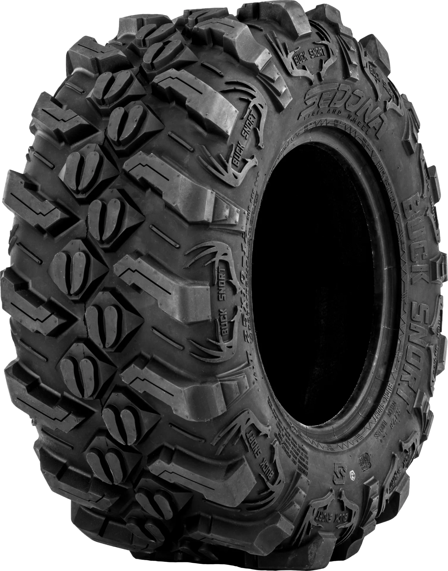 Sedona Buck Snort 25x10-12 tire, angled view showing tread and sidewall