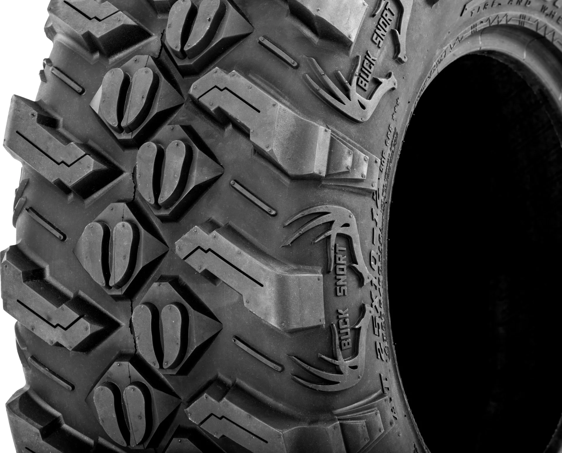 Sedona Buck Snort 25x10-12 tire, close-up of shoulder tread and antler sidewall detail
