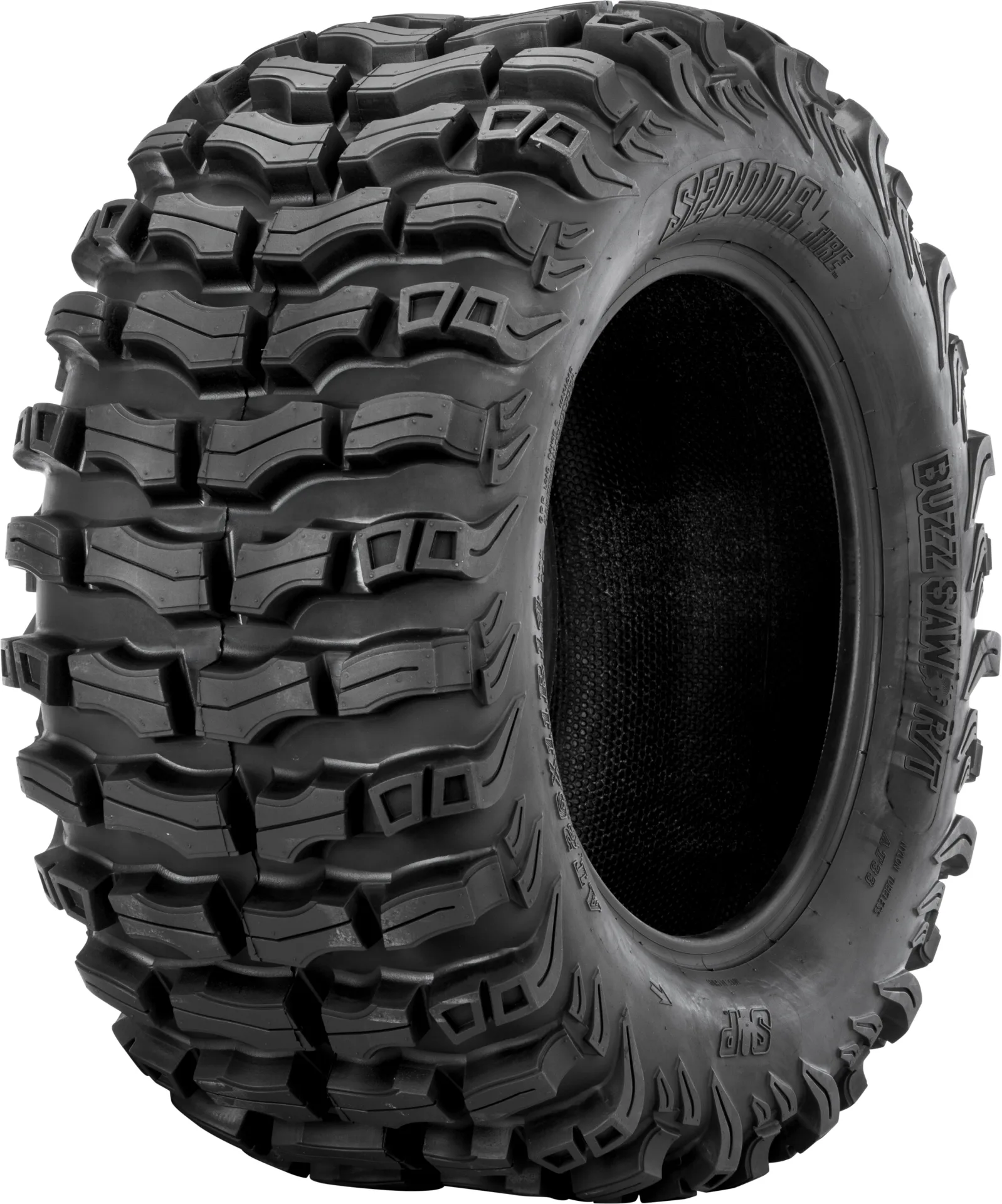 Sedona Buzz Saw RT tire, angled view showing tread and sidewall