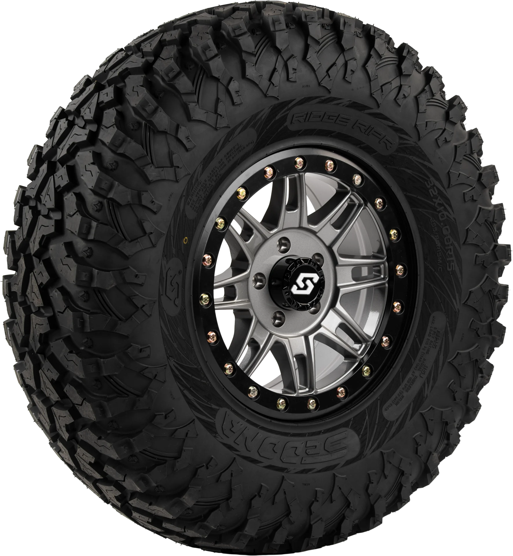 Sedona Ridge Ripr tire mounted on a machined wheel, angled view