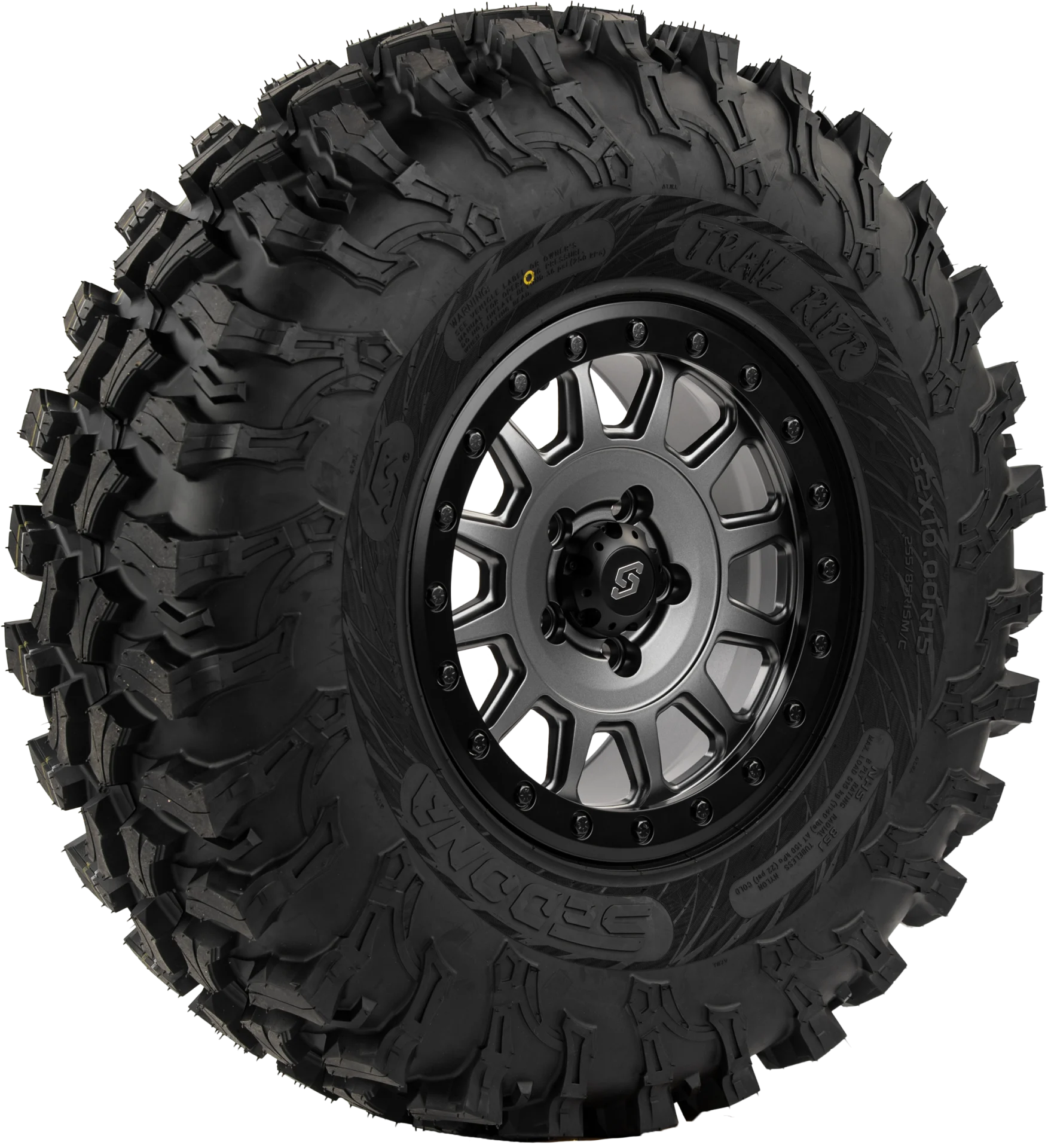 Sedona Trail Ripr tire mounted on a machined wheel, angled view