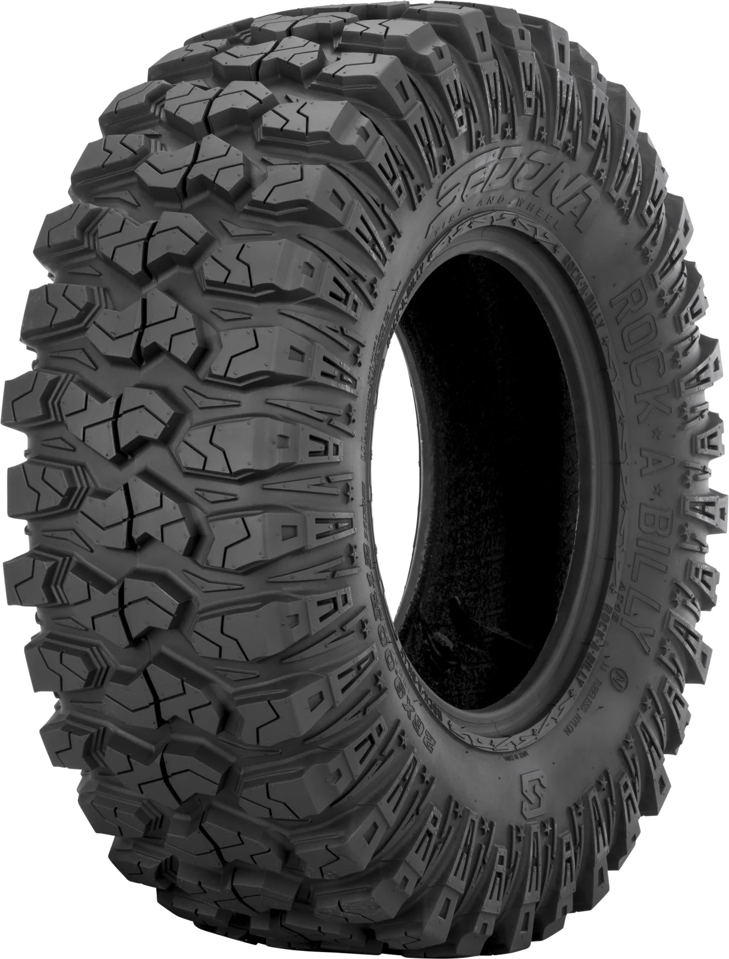 Sedona Rock-A-Billy 26x9R12 tire, angled view showing tread and sidewall