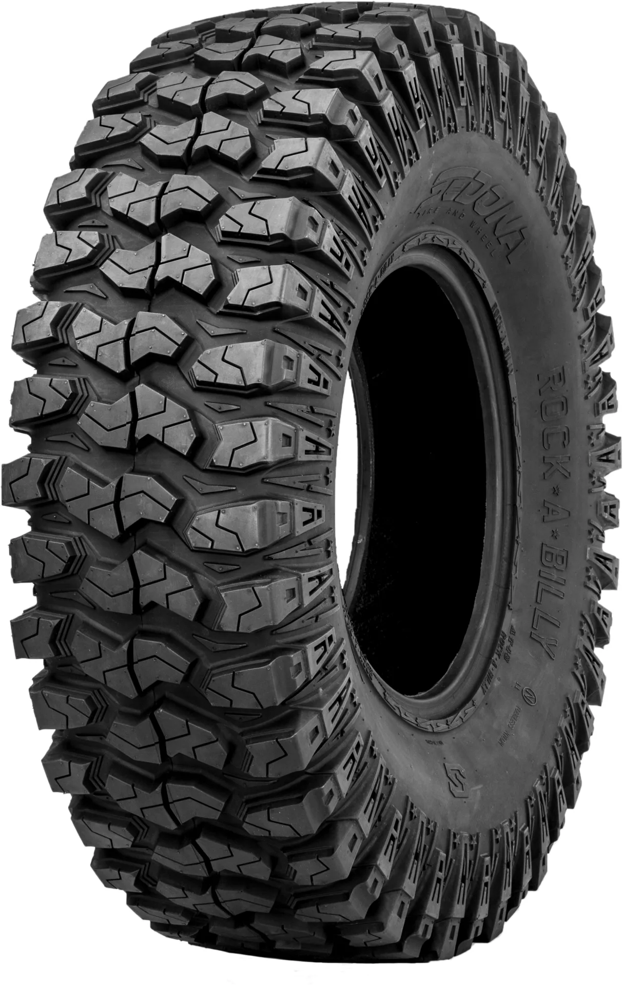 Sedona Rock-A-Billy tire, angled view showing shoulder lugs and sidewall
