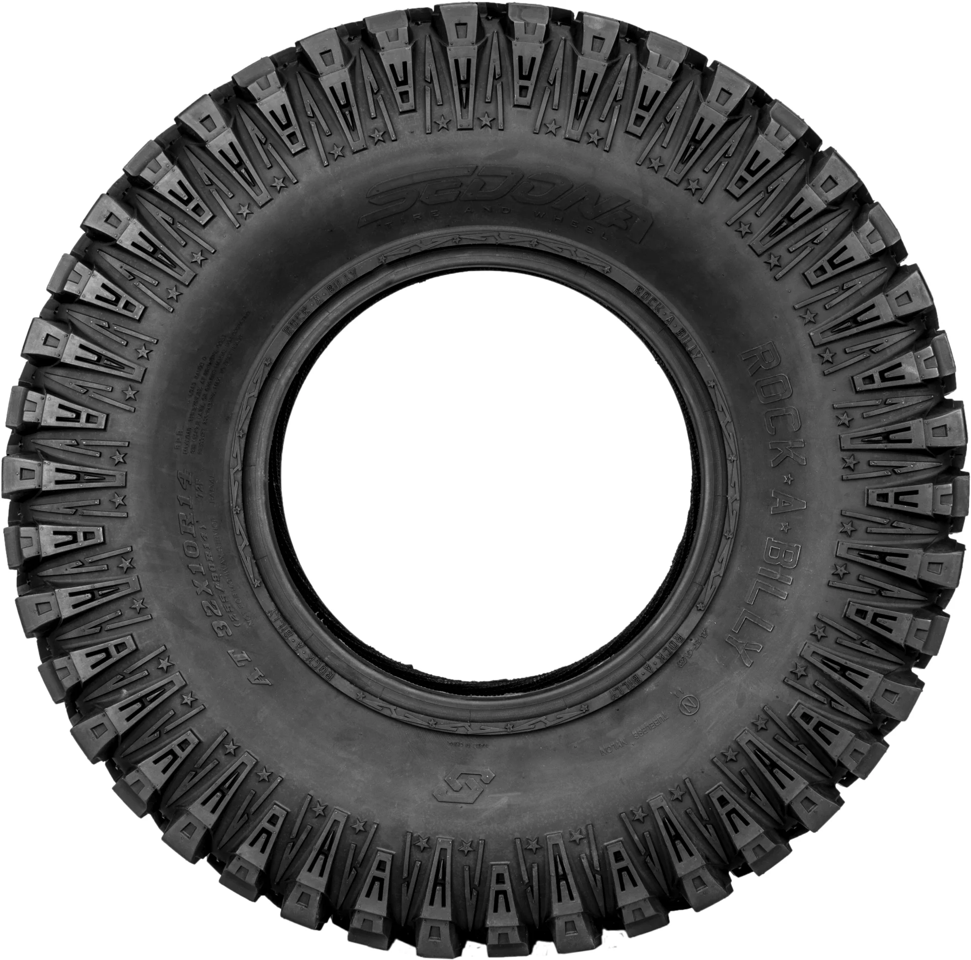 Sedona Rock-A-Billy tire, side view showing raised lettering and shoulder lugs
