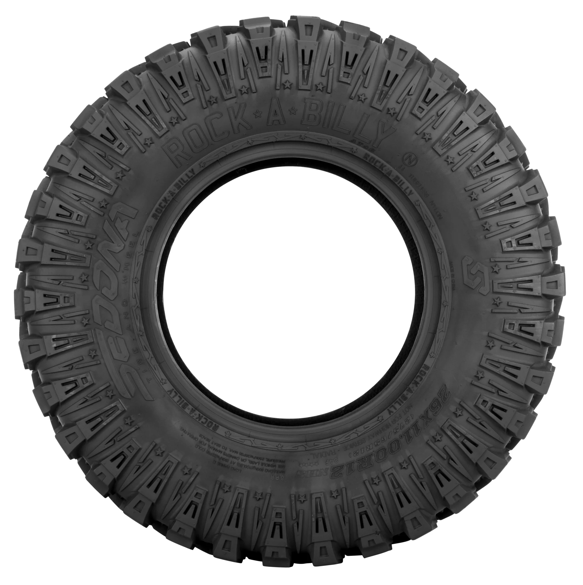 Sedona Rock-A-Billy tire, side view showing the bead opening and shoulder tread