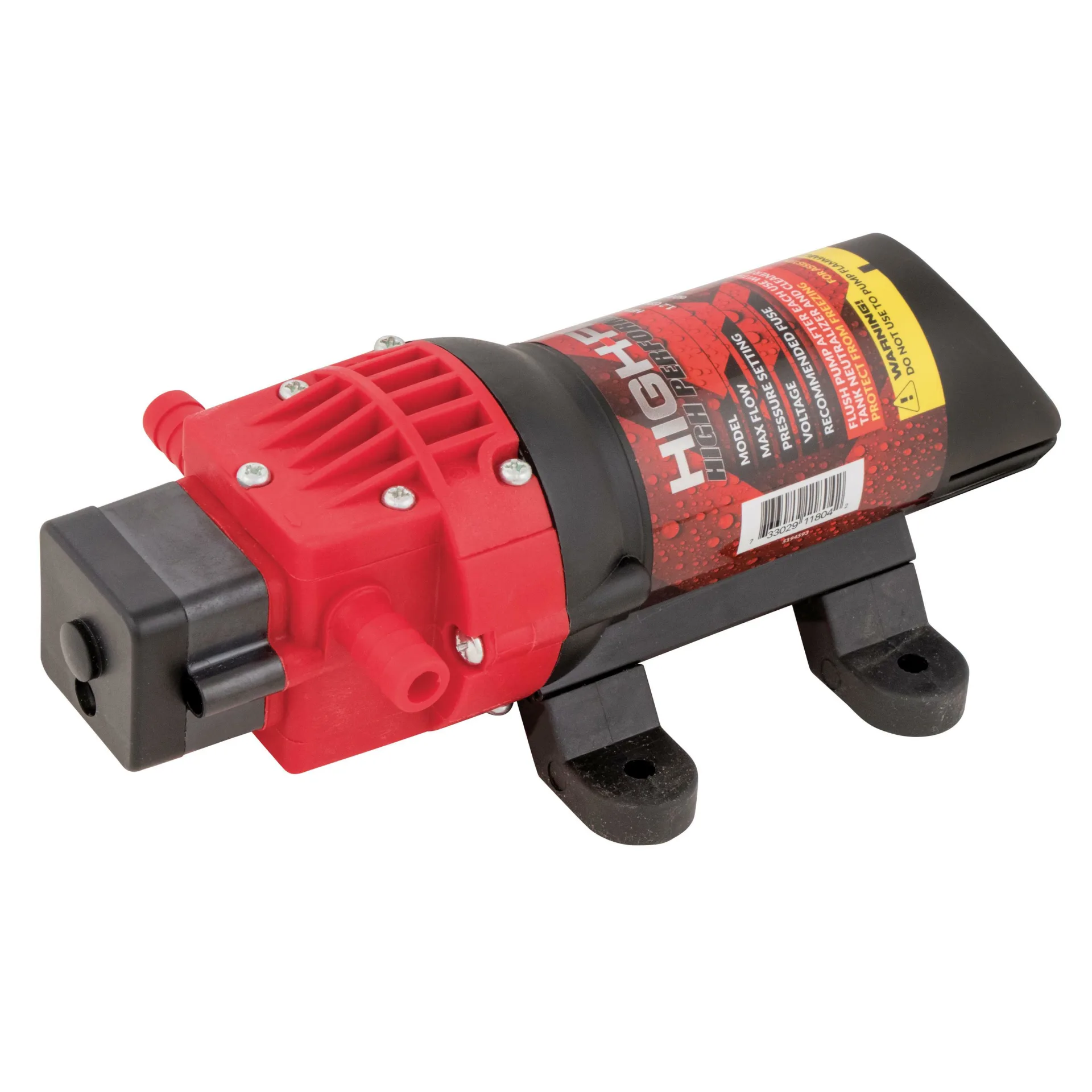 FIMCO High Flo High Performance sprayer pump in red and black, angled view showing hose ports and mounting feet
