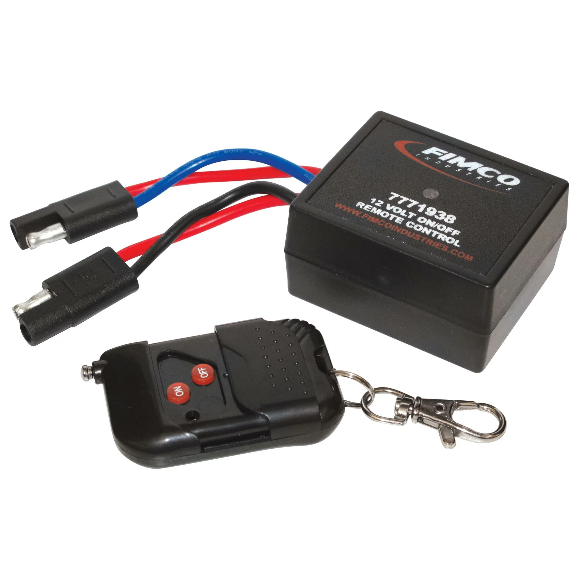 FIMCO 7771938 black receiver with wired flat connectors and keychain remote with red on/off buttons