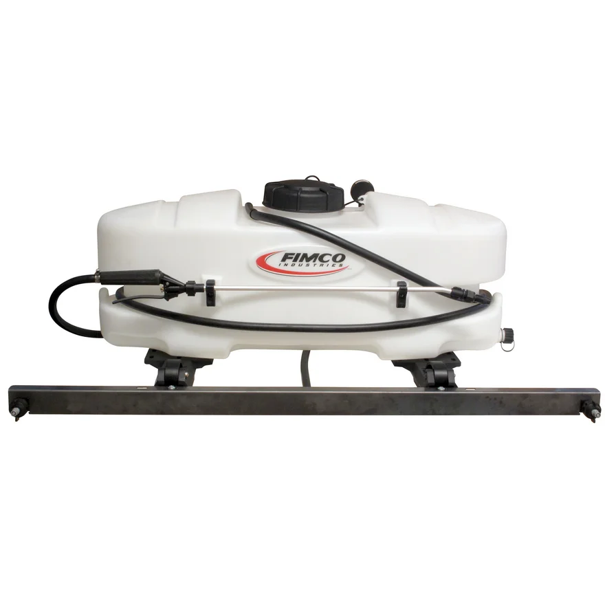 FIMCO 15-gallon ATV sprayer with white tank, spray wand and two-nozzle boom