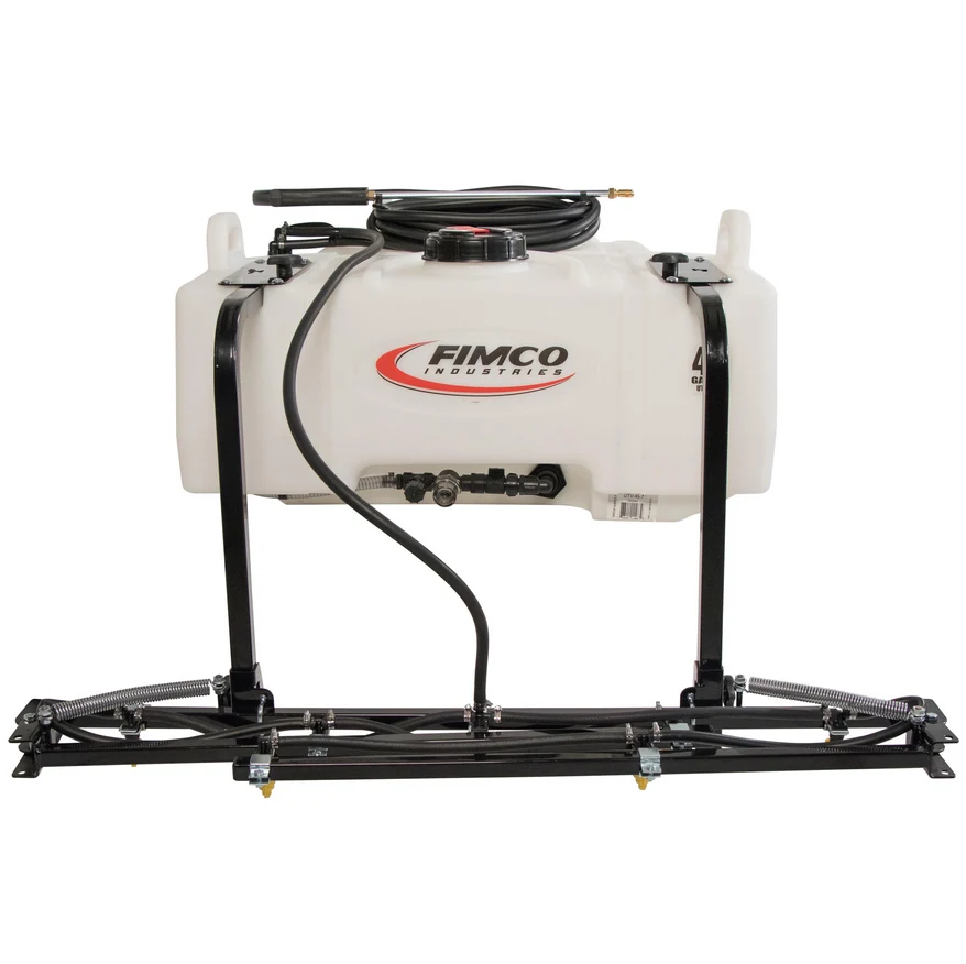 FIMCO 45-gallon UTV sprayer with white tank, coiled hose and folded seven-nozzle boom