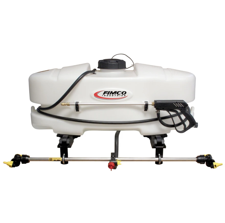 FIMCO 25-gallon ATV broadcast sprayer with white tank, pistol-grip wand and three-nozzle spray assembly