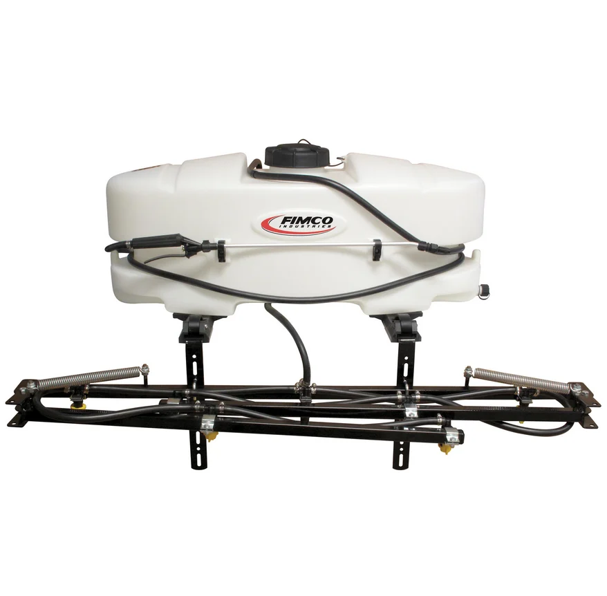 FIMCO 25-gallon ATV sprayer with white tank, lever wand and folded seven-nozzle boom