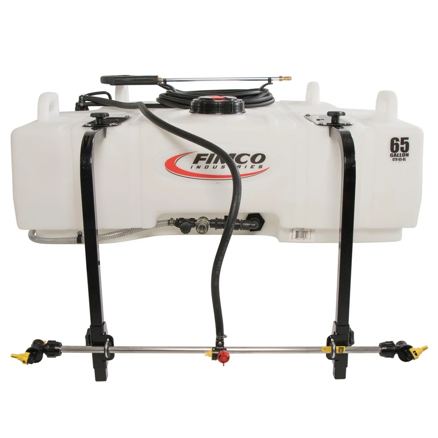 FIMCO 65-gallon UTV broadcast sprayer with white tank and three-nozzle spray assembly