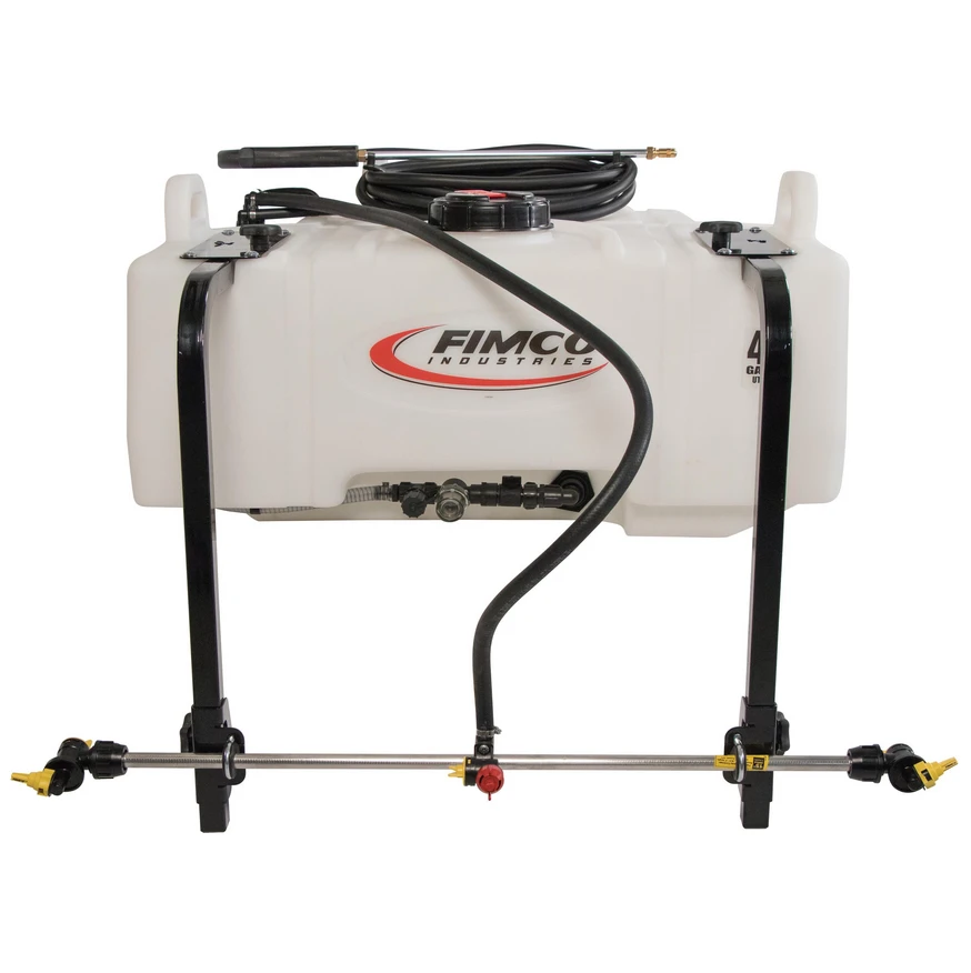FIMCO 45-gallon UTV broadcast sprayer with white tank, coiled hose and three-nozzle spray assembly