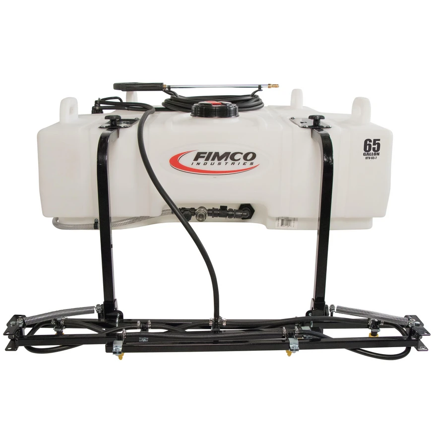 FIMCO 65-gallon UTV sprayer with white tank, coiled hose and folded seven-nozzle boom