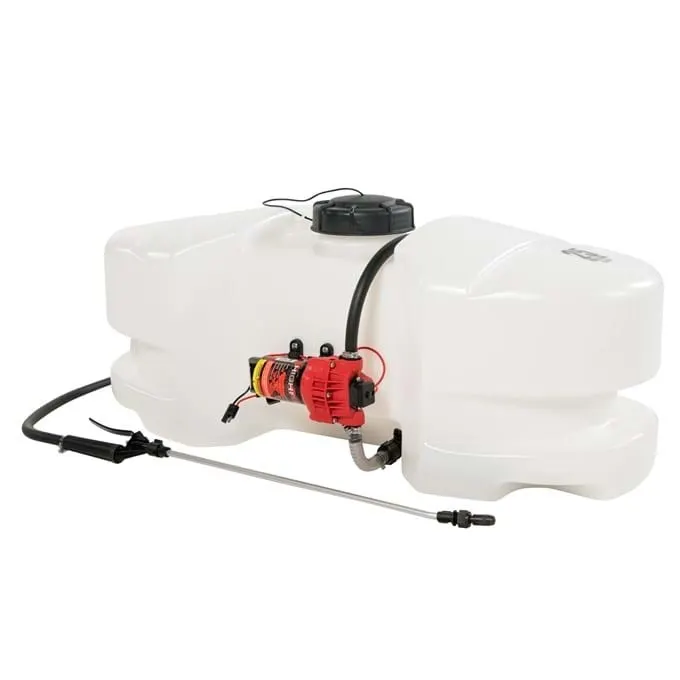 FIMCO spot sprayer with white tank, red pump and lever spray wand laid across the front