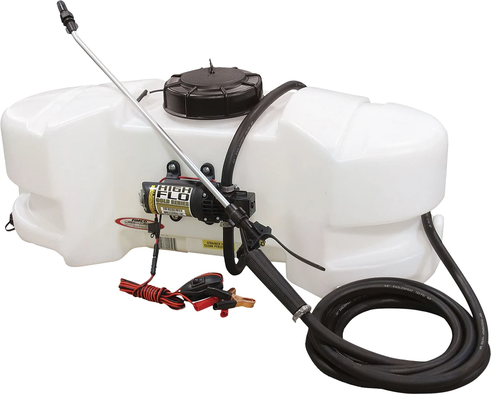 FIMCO spot sprayer with white tank, black pump, angled spray wand, coiled hose and battery clips