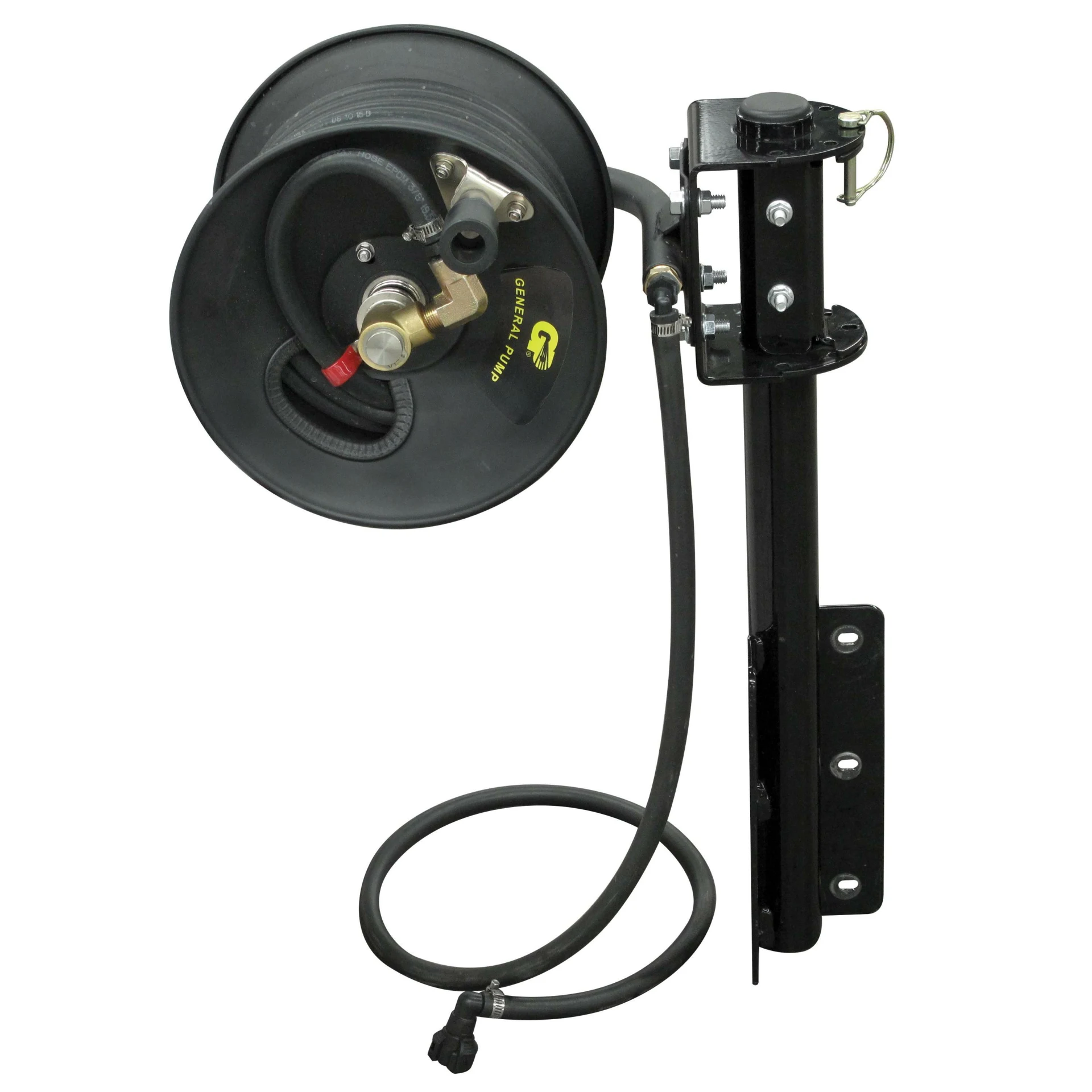 FIMCO UTV sprayer hose reel with black hose, hand crank, swivel bracket and black mounting frame