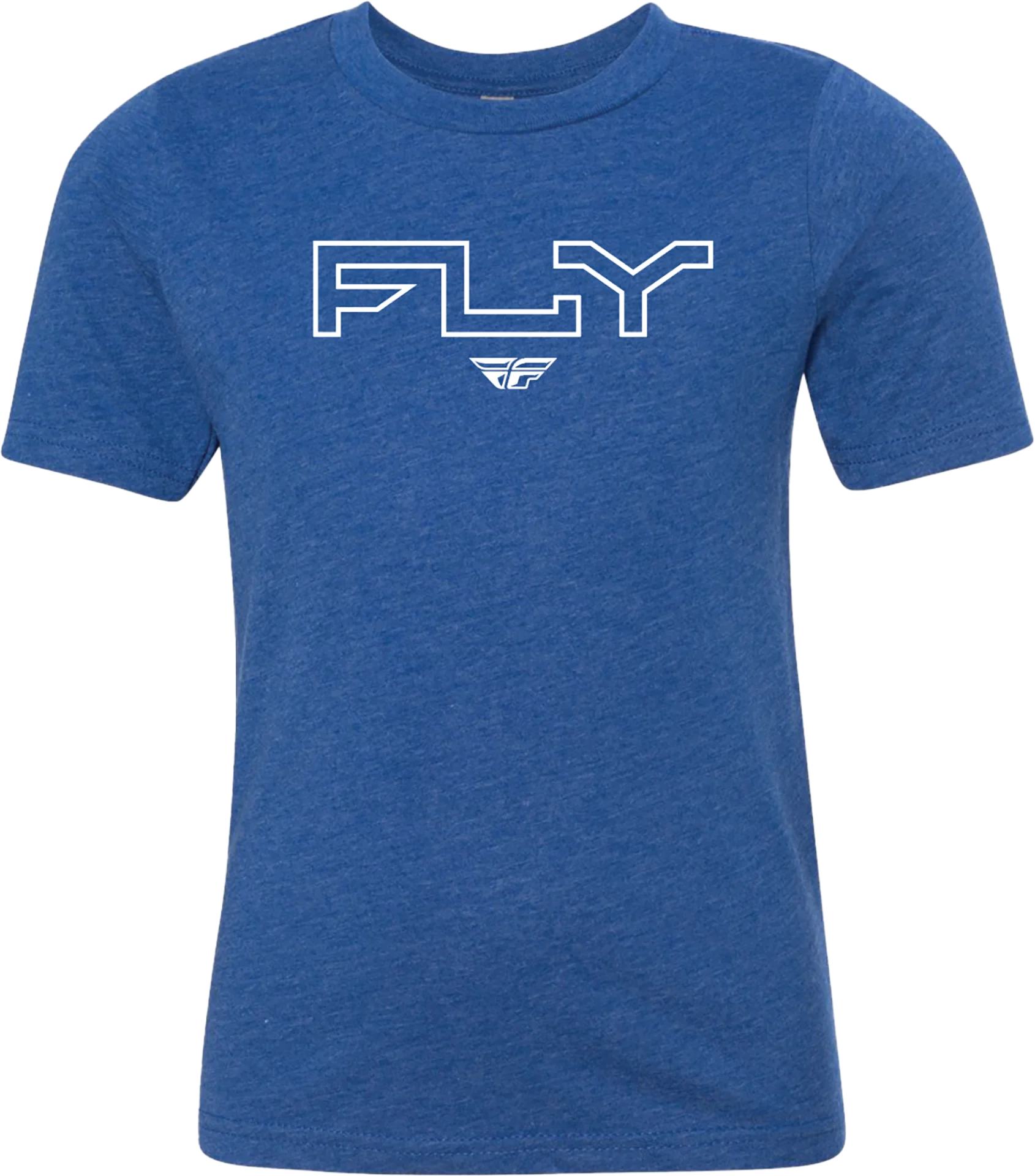 Royal blue Fly Racing youth Edge tee, front view with white outlined Fly logo