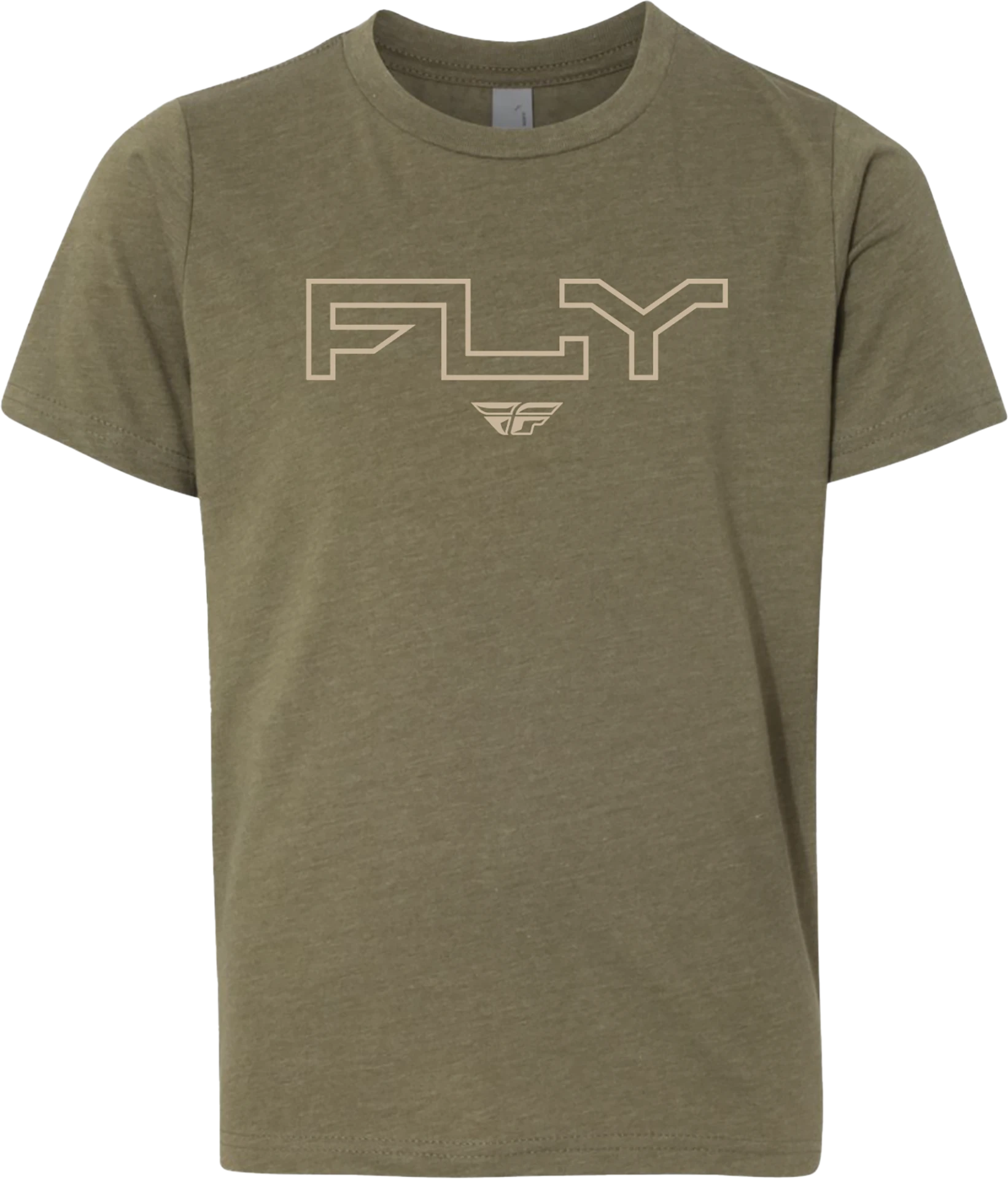 Military green Fly Racing youth Edge tee, front view with cream outlined Fly logo