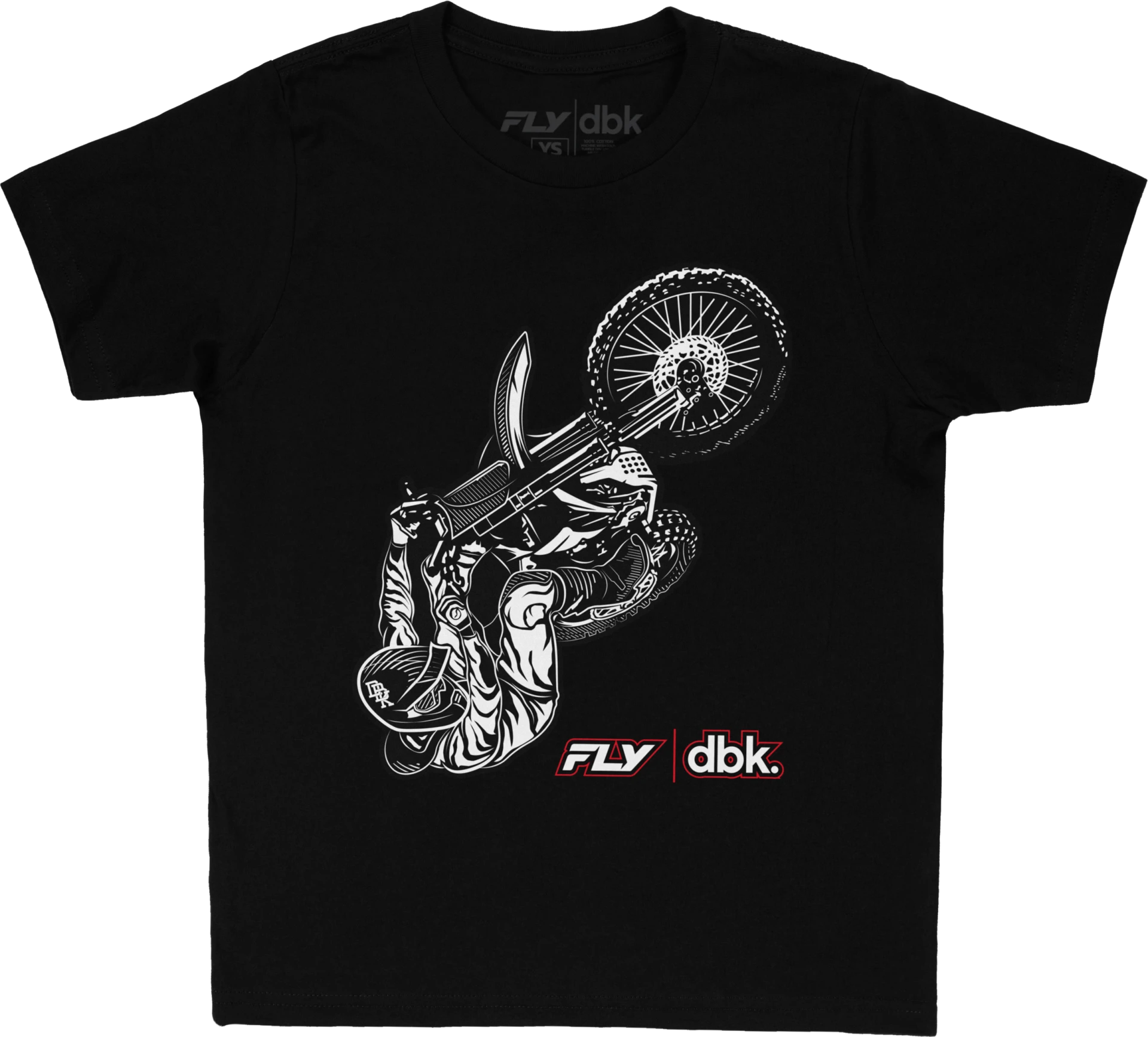 Black Fly Racing youth DBK Wheelie tee, front view with large white wheelie rider graphic