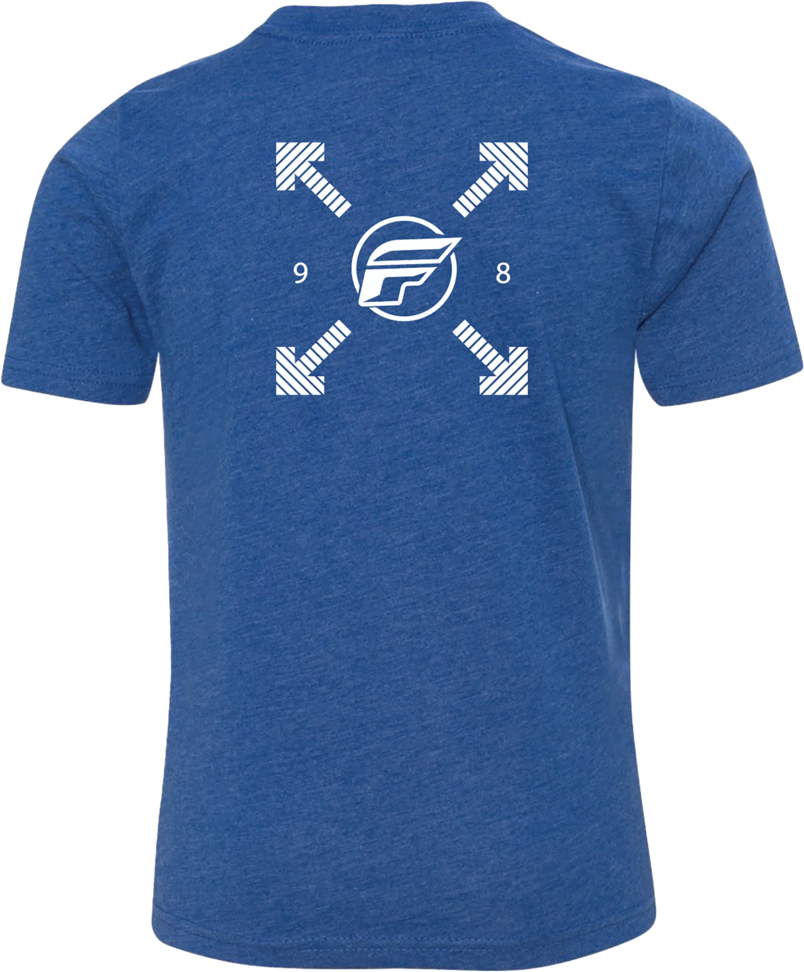 Royal blue Fly Racing youth Lost tee, back view with white compass-arrow graphic