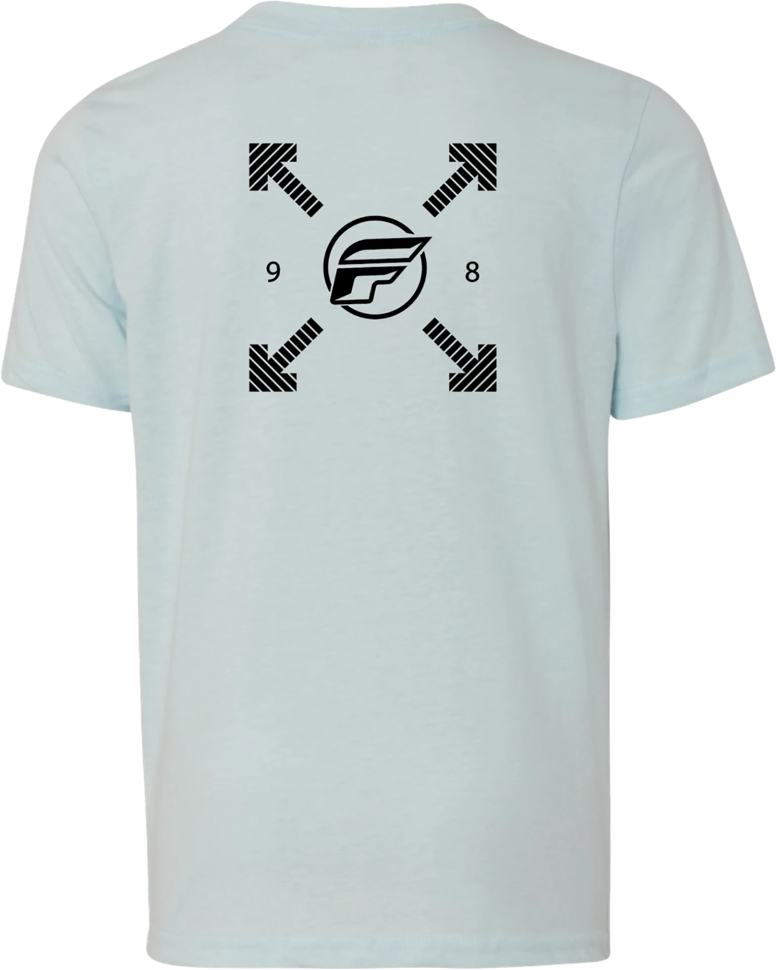 Ice blue Fly Racing youth Lost tee, back view with black compass-arrow graphic