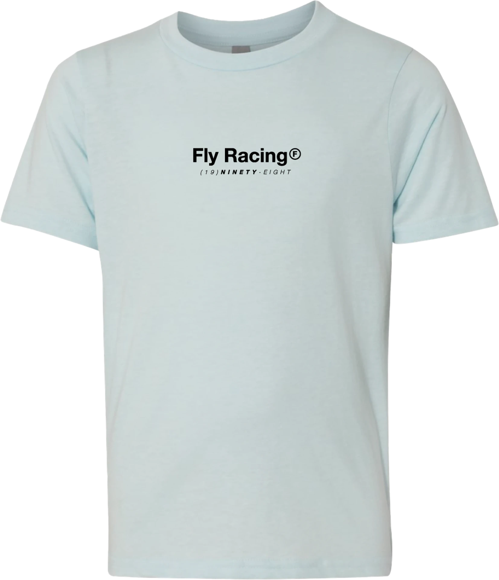Ice blue Fly Racing youth Lost tee, front view with small black Fly Racing chest text