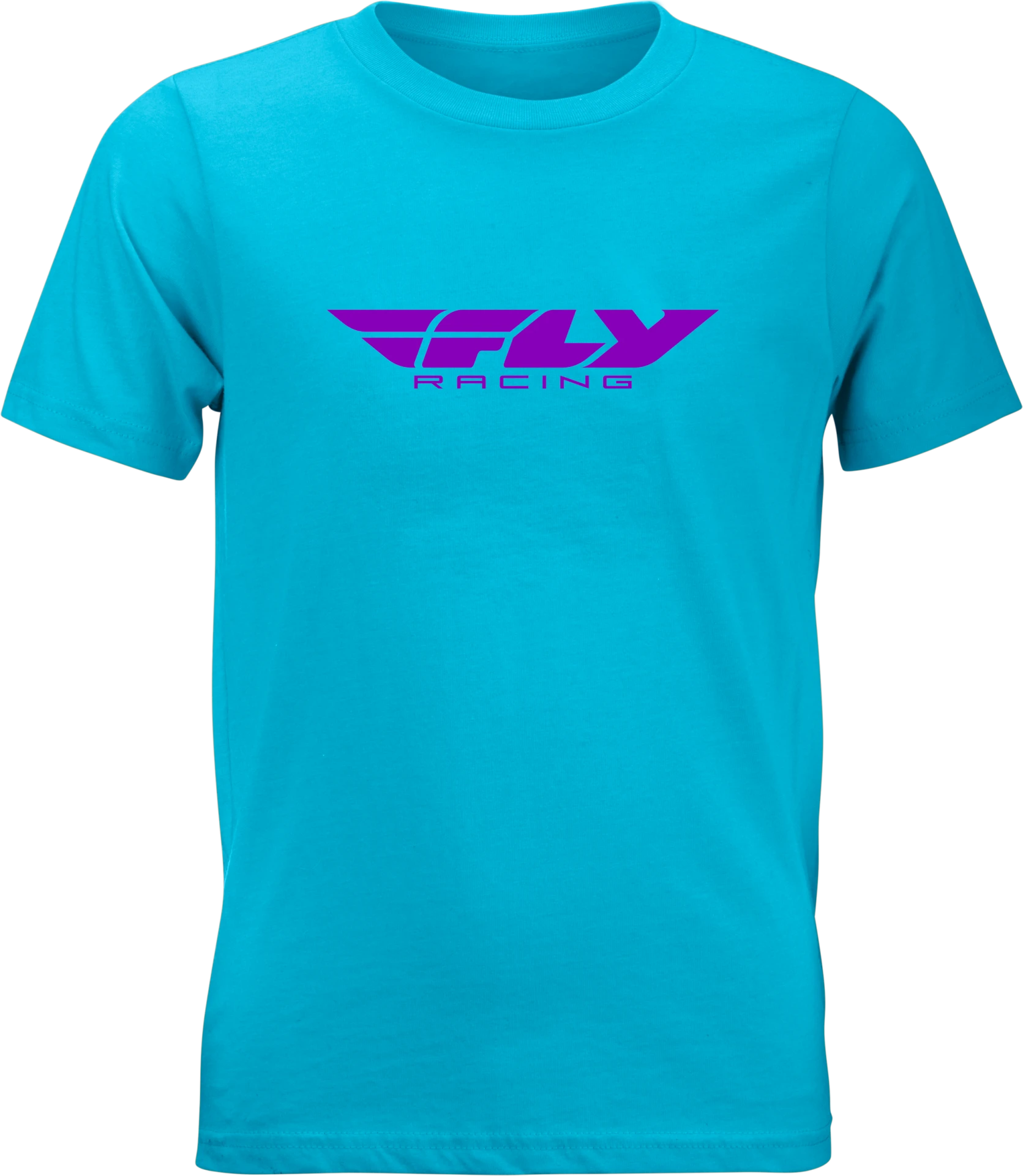 Light blue FLY Racing Youth Corporate Tee, front view with purple FLY Racing logo