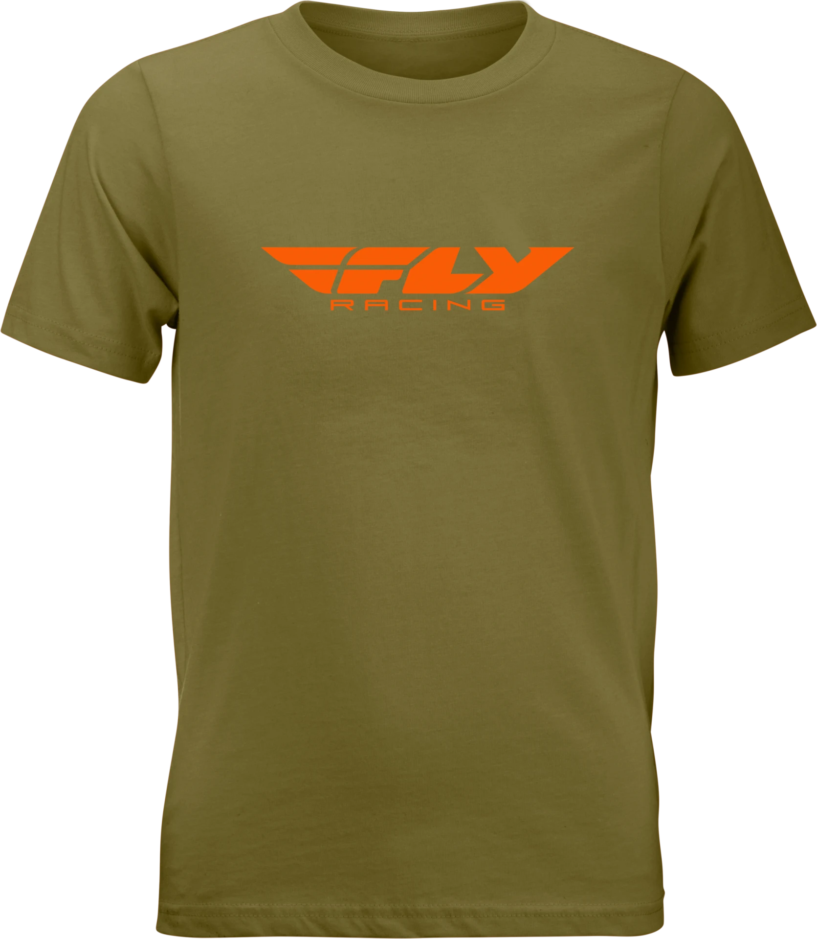 Olive FLY Racing Youth Corporate Tee, front view with orange FLY Racing logo