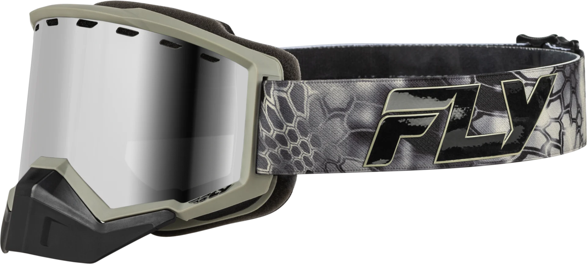 FLY Racing Focus Snow Goggles in Kryptek Moss Grey/Black with silver mirror lens, angled side view