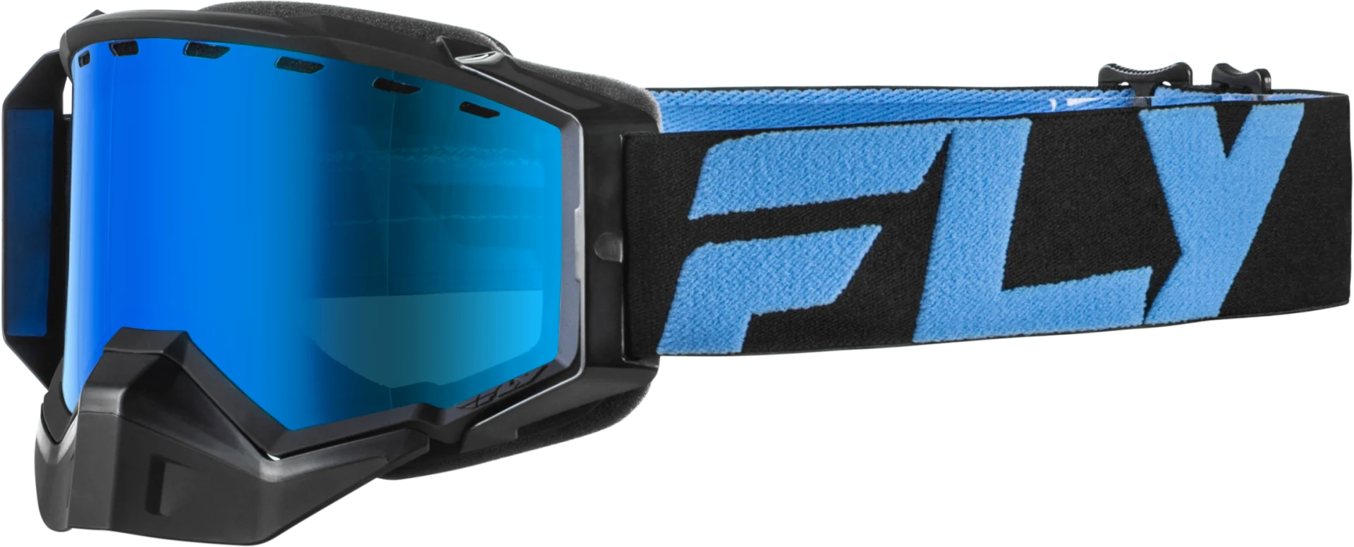 FLY Racing 2026 Zone Snow Goggles Black/Blue with sky blue mirror lens, front view