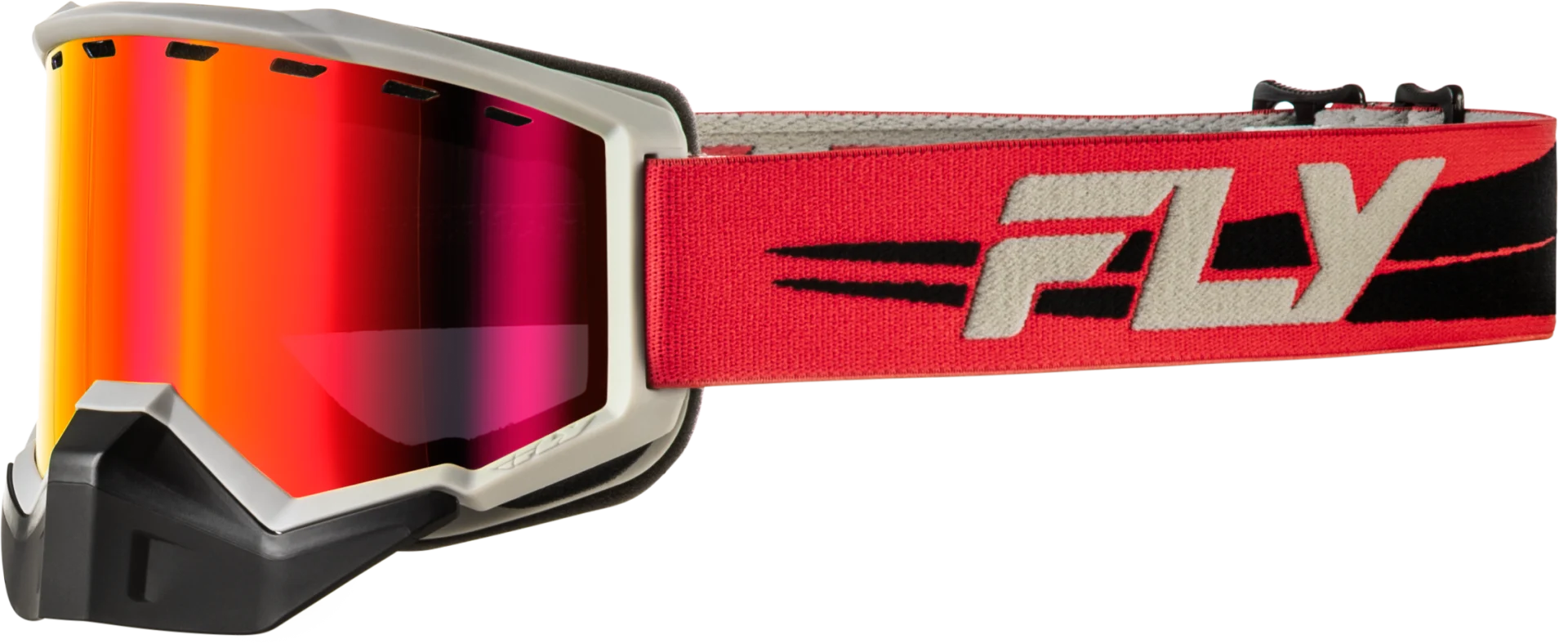 Red and black Fly Racing Focus snow goggles with red mirror lens, side view